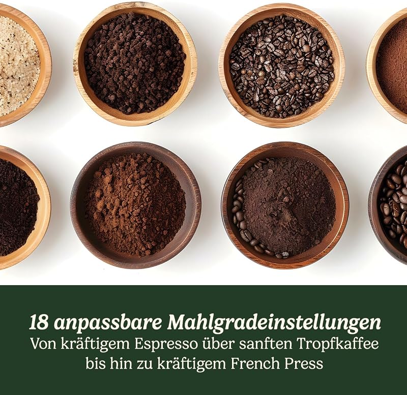 Kaffeemühle | Kaffeemühle für zu Hause | 4-18 Tassen | 18 Mahlgradeinstellungen | verschiedene Brühstärken - Espresso, Cold Brew, Latte, Cappuccino | spülmaschinenfest | einfach zu bedienen