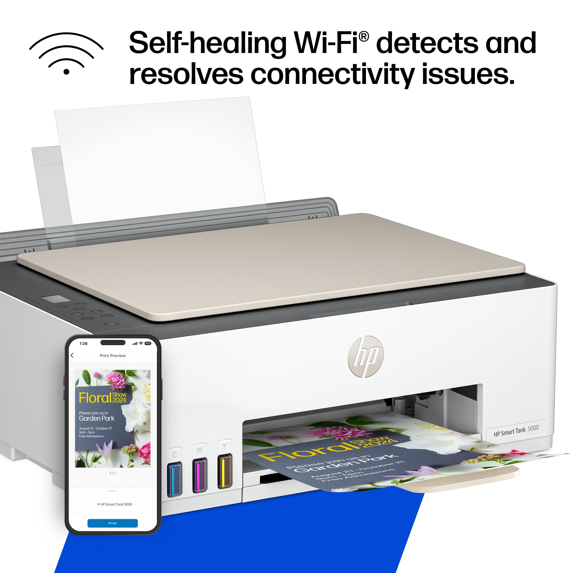 HP Smart Tank 5000 Wireless All-in-One Ink Tank Printer, Scanner, Copier with 2 Years of Ink Included, Best-for-Home, Cartridge-Free, Refillable, AI-Enabled (5D1B6A)