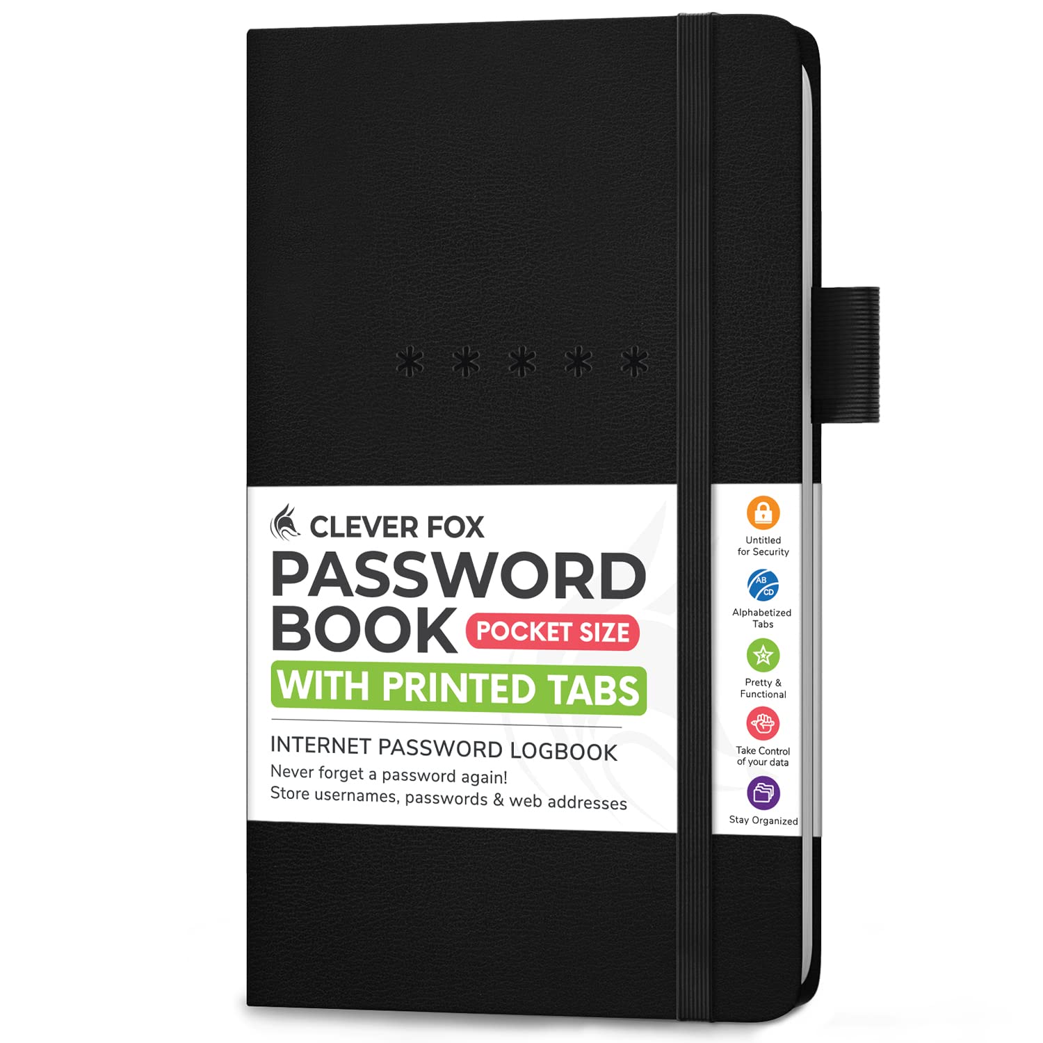 Clever Fox Password Book Pocket – Small Internet Address & Password Journal Organizer – Computer & Website Log-In Keeper Notebook (Black)