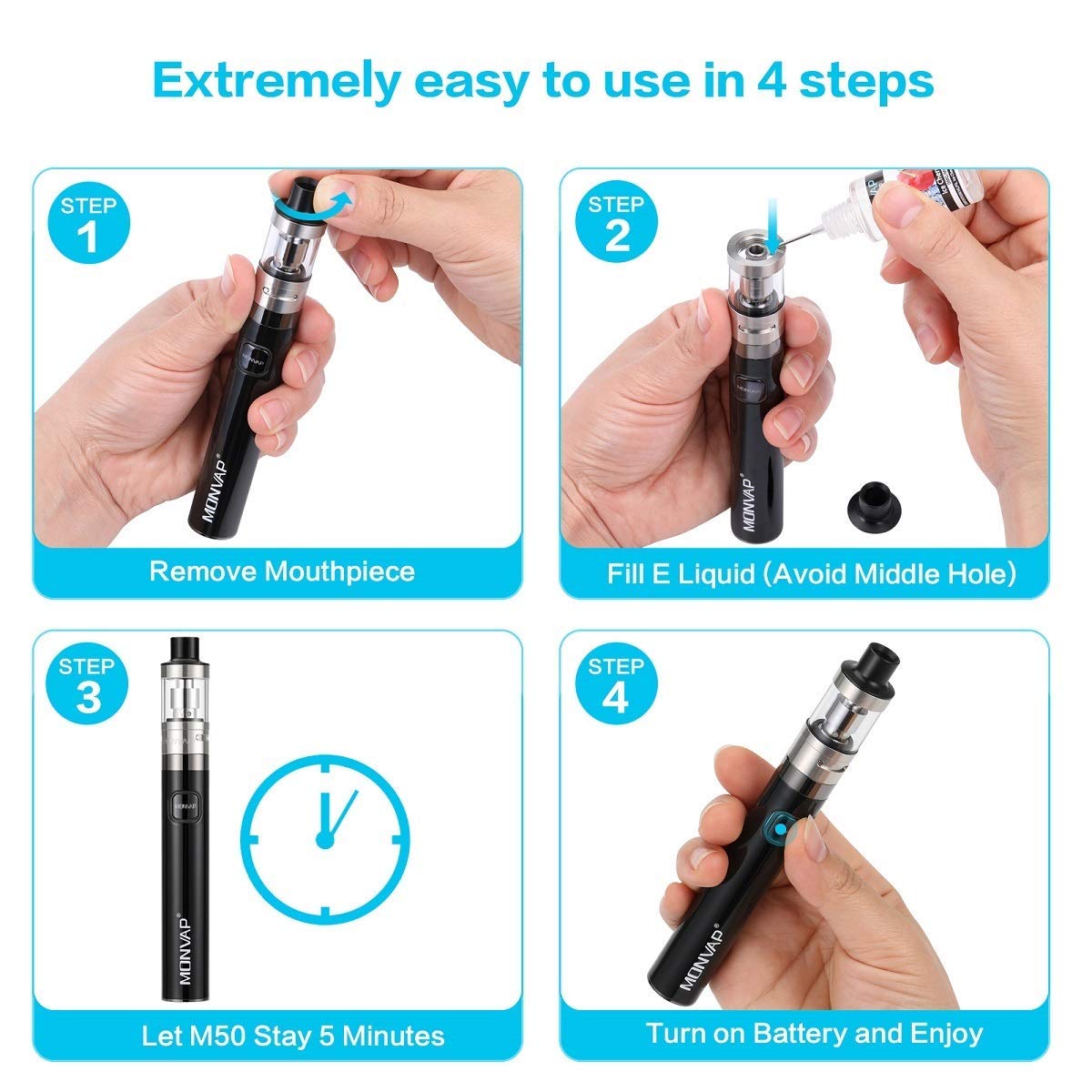 E Zigaretten Starter Set 50W, MONVAP M50 Vape Pen mit 5x10ml E Liquid, Top Refill Verdampfer o.5ohm 2ml, 1500mAh Vape Akku, E Shisha Ohne Nikotin 0.0mg