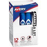 Marks-A-Lot Avery Permanent Markers, Chisel Tip, 12 Blue Markers | Desk Style Fits Standard Cups And Drawers, Ideal For Office, School, Warehouse Labeling And Signage