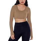 ENERBLOOM Long Sleeve Crop Tops for Women Workout Tee Built in Bra Cream Feeling Athletic Mild Support U Neck Cropped Shirts