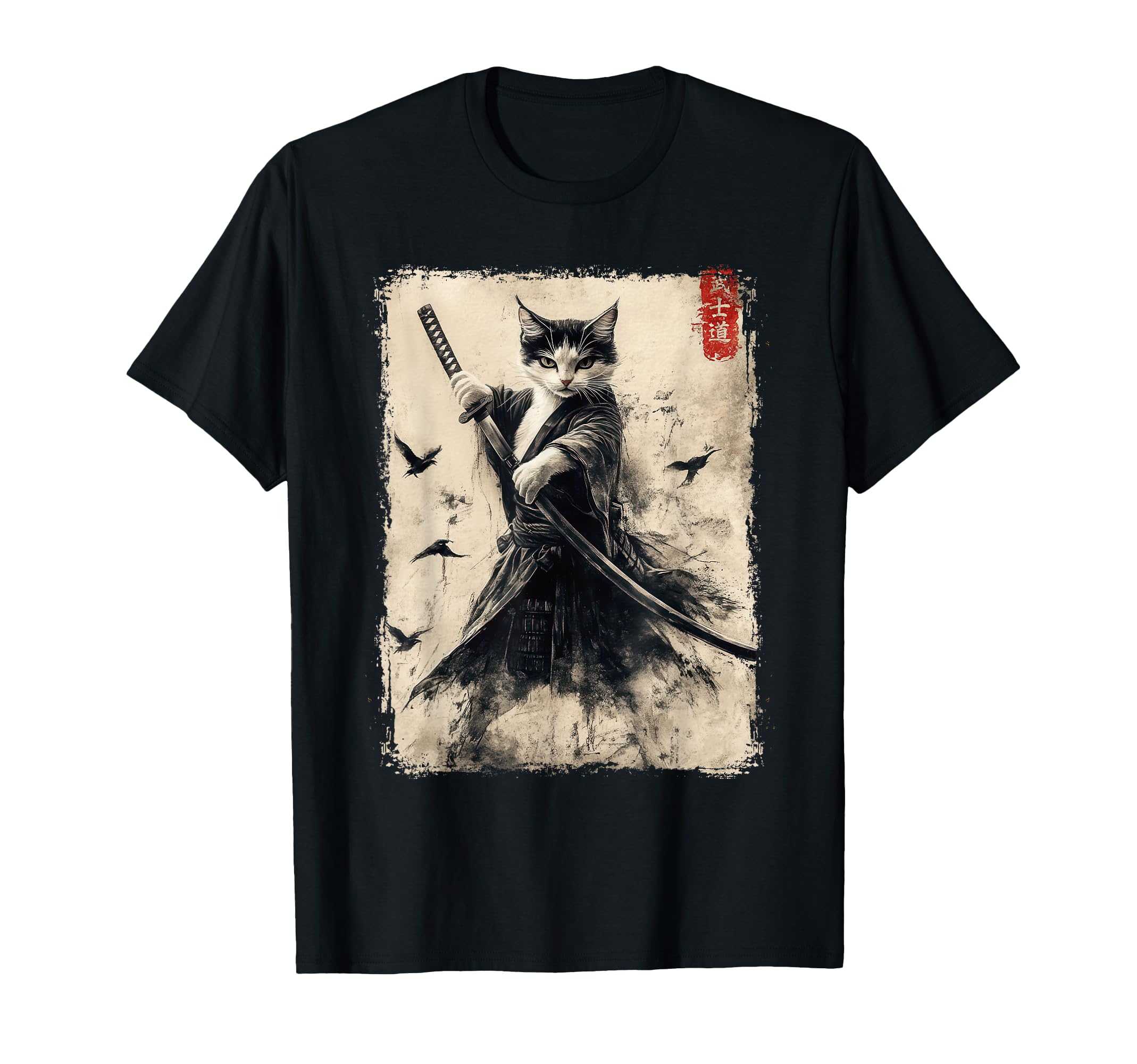 Cool Tees Samurai Cat Graphic Tee Warrior Vintage Japanese Art Anime T-Shirt