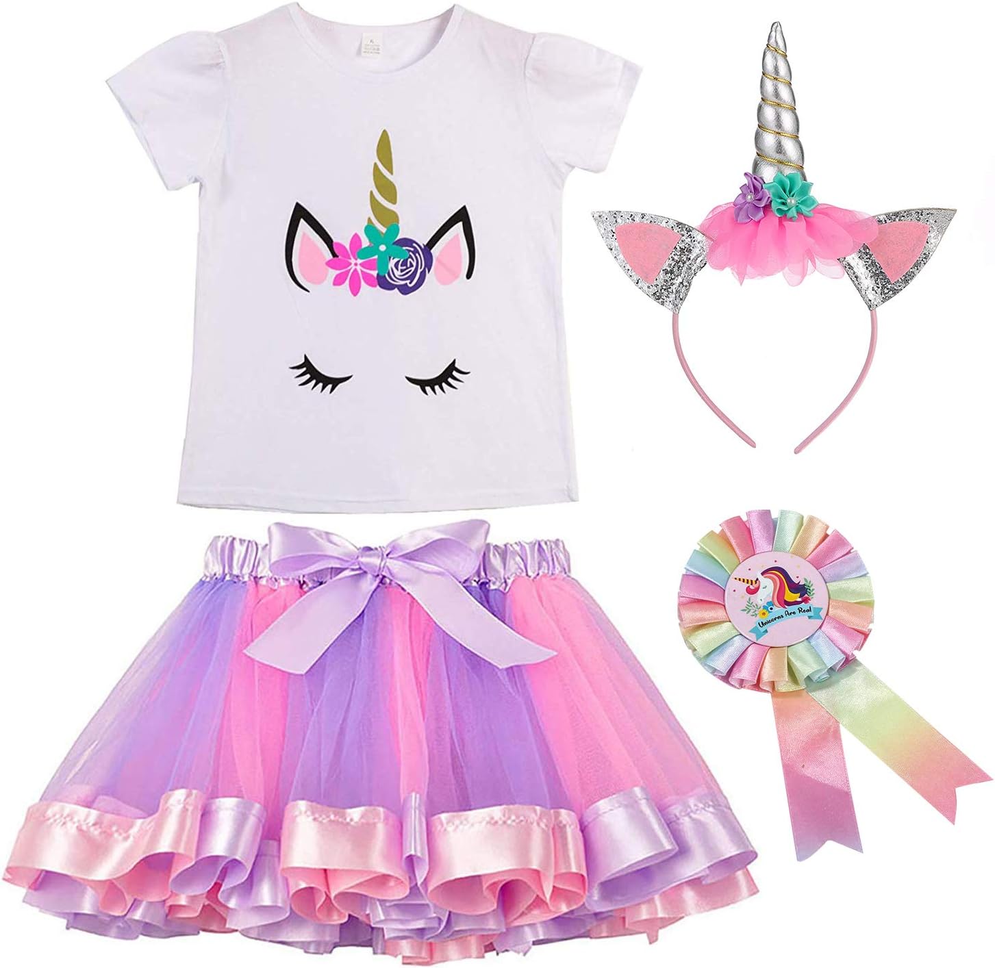 Girls Unicorn Rainbow Layer Tutu Skirts Horn T-Shirt Headband&Unicorn Badge for Birthday Party