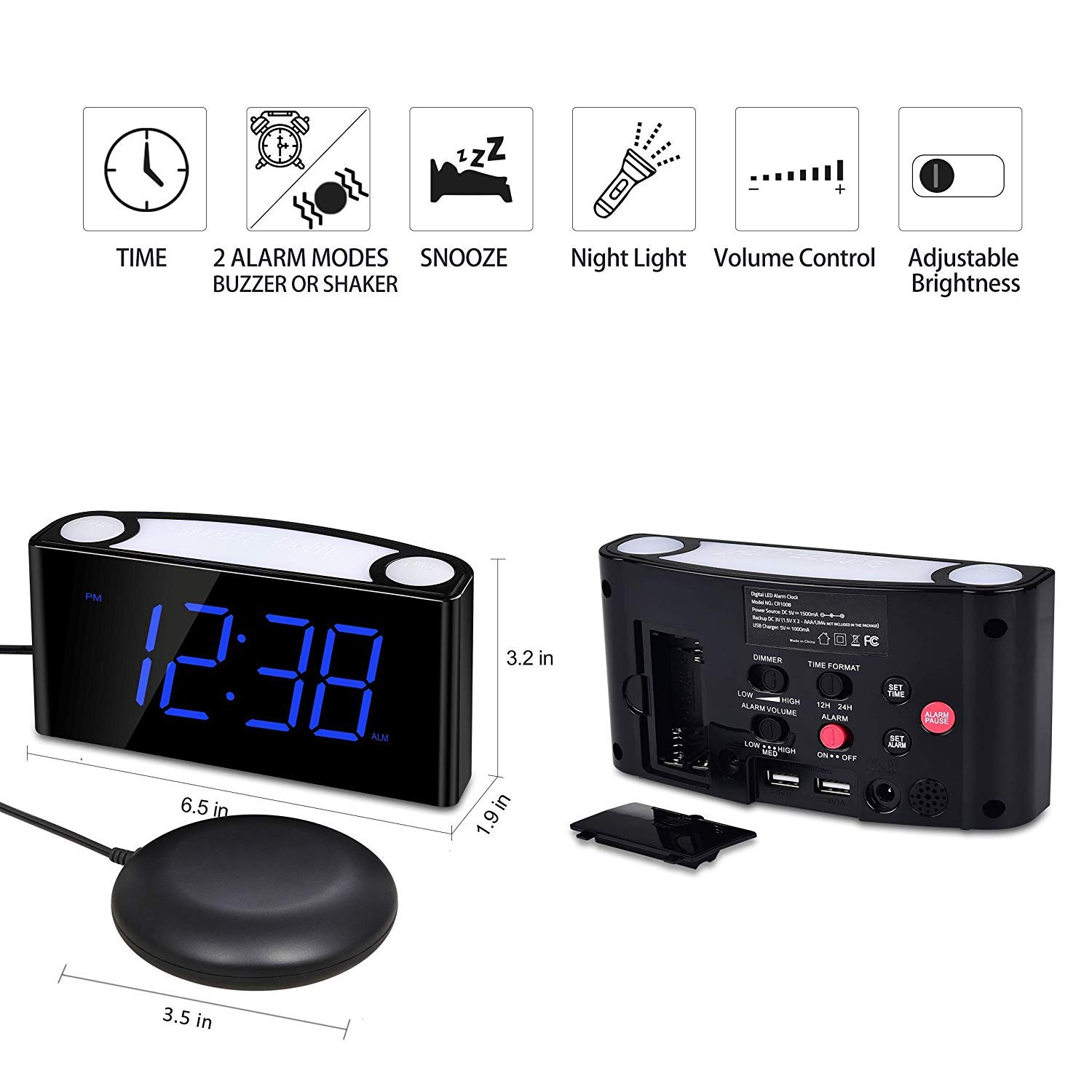 Alarm Clock for Heavy Sleepers，Raynic Loud Digital Alarm Clock with Bed Shaker,Dimmer,12/24H, DST,7\