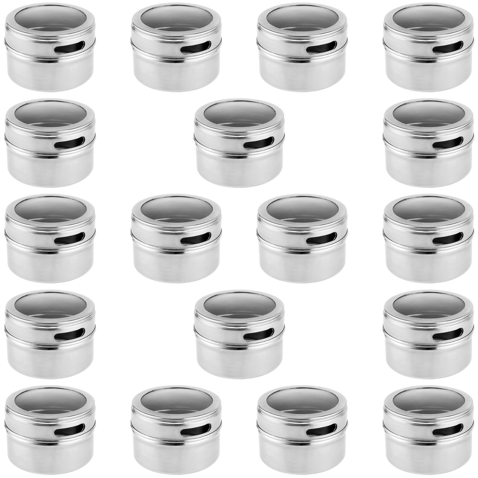 YUENPUN 18 PCS 4oz Stainless Steel Magnetic Spice Jars, Magnetic Spice Containers with Plastic Visible Window, Small Round Magnetic Spice Tins for Sugar, Salt, Pepper, Cumin