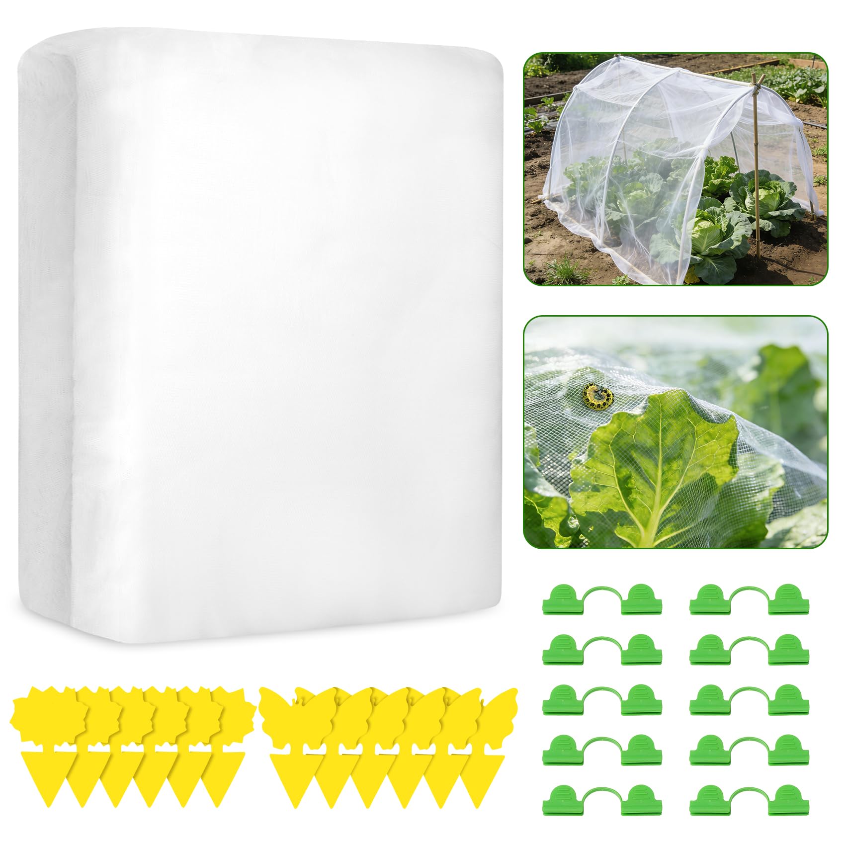 3x6m Garden Netting for Veg Patch Fine Mesh with 12 Sticky Traps & 10 Greenhouse Accessories, Reusable Garden Netting for Plants, Insect Netting for Vegetables for Vegetables and Fruit Trees