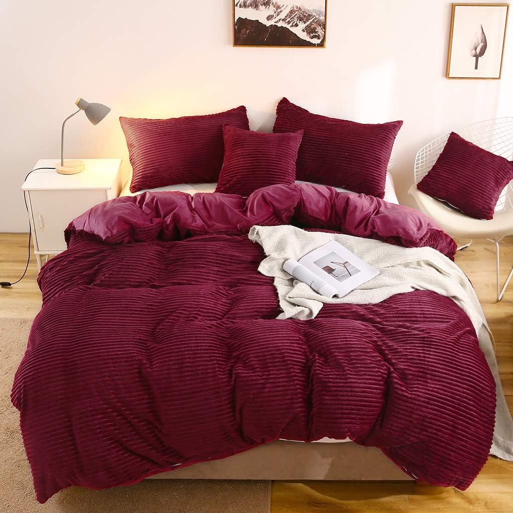 Uhamho Striped Flannel Duvet Cover Set Crystal Velvet Reversible Fuzzy Fleece Shaggy Bedding Set, Hidden Zipper Closure (Burgundy, Queen)