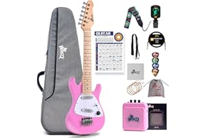 Winzz 30 Inch Kids Electric Guitar Beginner Kit, Junior 1/4 Size Mini Electric Guitar for Children Complete Stater Set with Amp, Gloosy Pink Colour