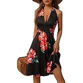 HUHOT Women's Summer Sundress Sleeveless Halter Neck Spring 2025 Floral with Pocket Elastic Waist Ruffle Mini Dresses