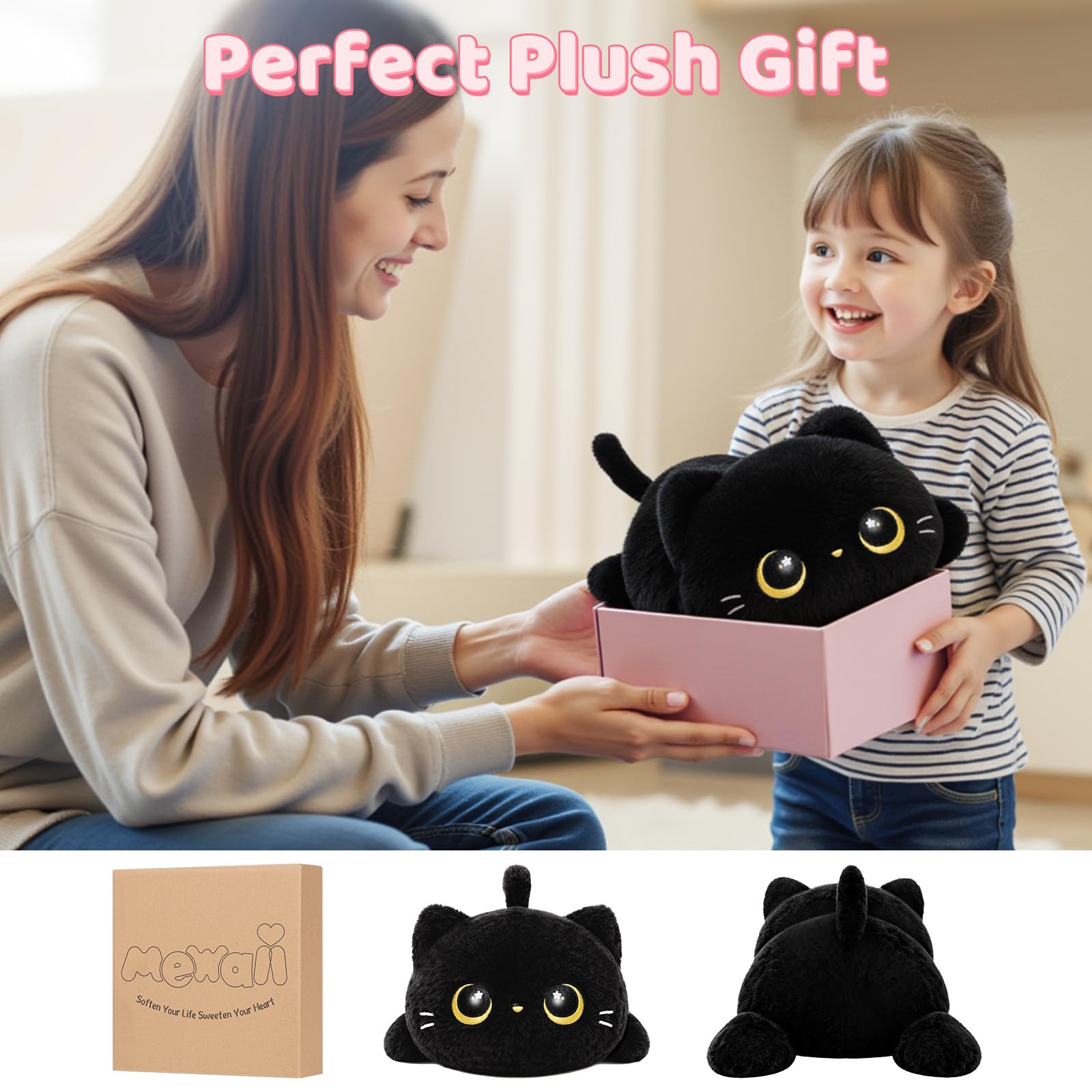 Cute Black Cat Plush Pillow, Kawaii Plushies Black Cat Stuffed Animals, Squishy Plushies, Cuddle Plush Pillow for Kids & Girls (13 Inch)