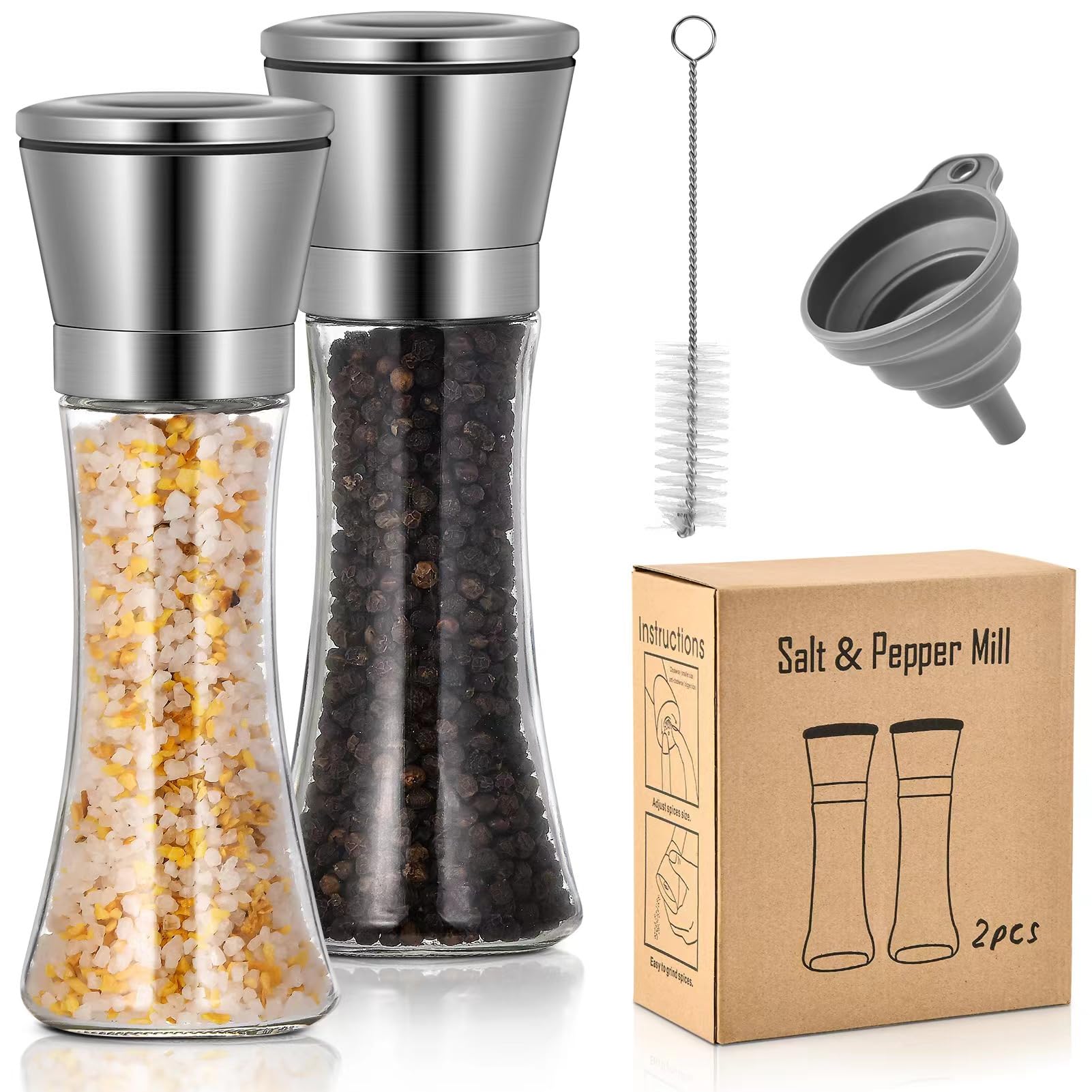 2Pcs Salt and Pepper Grinder Set,Salt and Pepper Grinders,Refillable and Adjustable,Stainless Steel Cover and Glass Bottle Salt Pepper Shakers for Kitchen