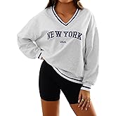 Hilinker Womens Graphic Oversized Sweatshirts V Neck Long Sleeve Pullover Tops