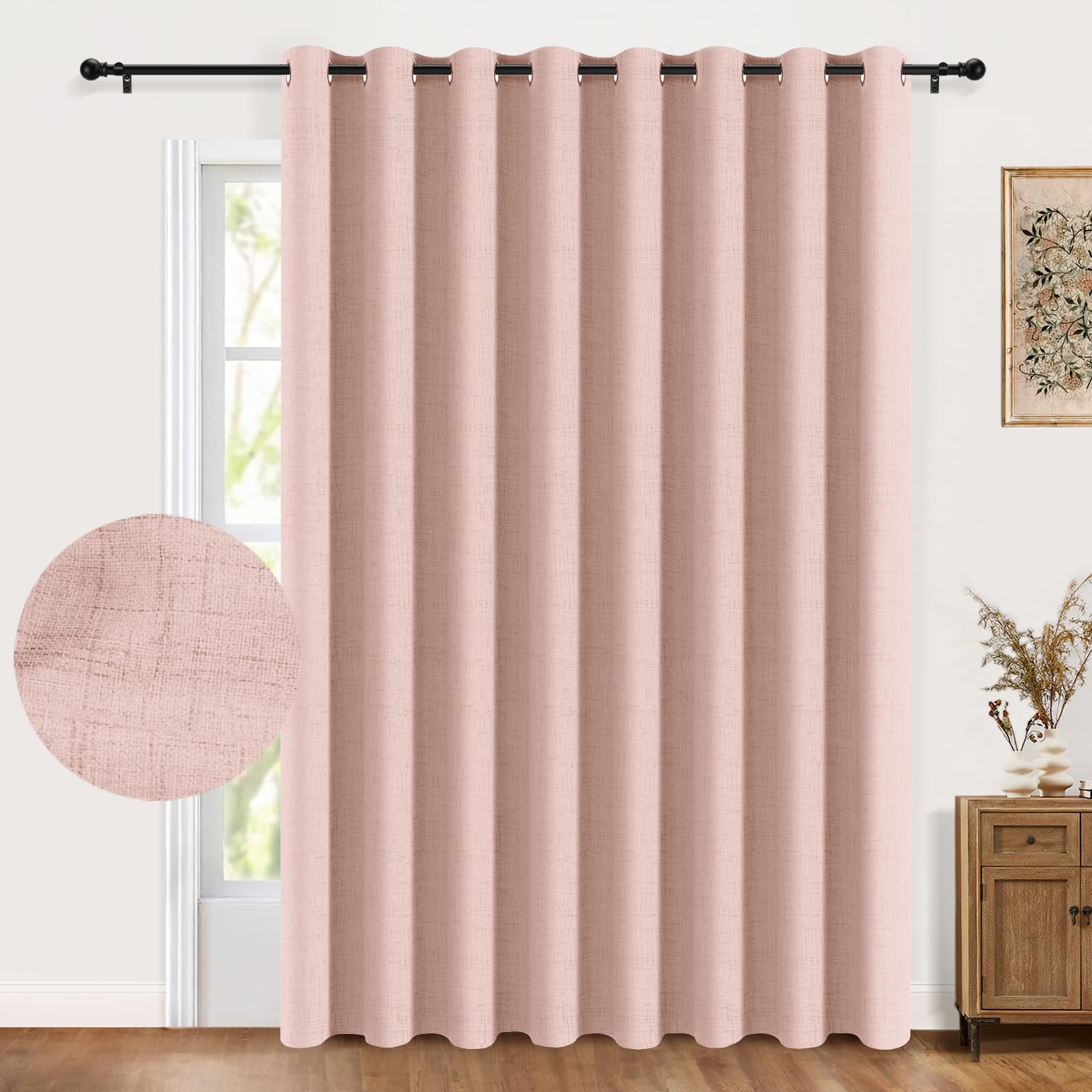 Photo 1 of 100% Blackout Shield Sliding Door Curtains, Extra Wide Curtains 96 Inch Long, Patio Door Grommet Drapes for Living Room, 100”W x 96”L, Blush Pink