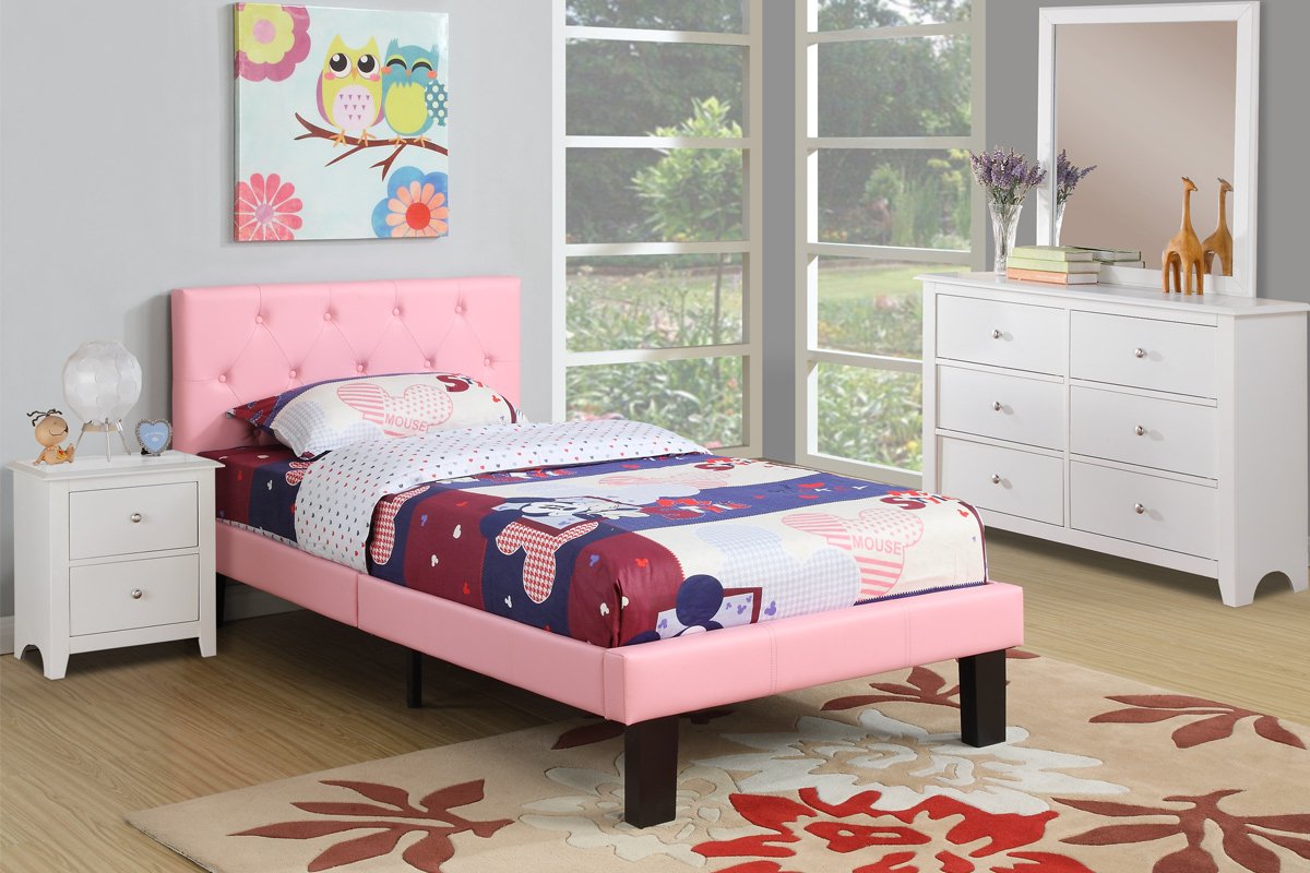 Poundex PU Upholstered Platform Bed, Twin, Pink
