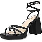 Reitoye Strappy Platform Heels for Women Ankle Strap Chunky Block Heel Square Open Toe Heeled Sandals for Party Wedding Prom Dress