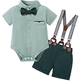 SOLOYEE Baby Boy Clothes Suits 3-24M Infant Gentleman Wedding Outfits, Short Sleeve Shirt + Bowtie + Suspender Shorts Set