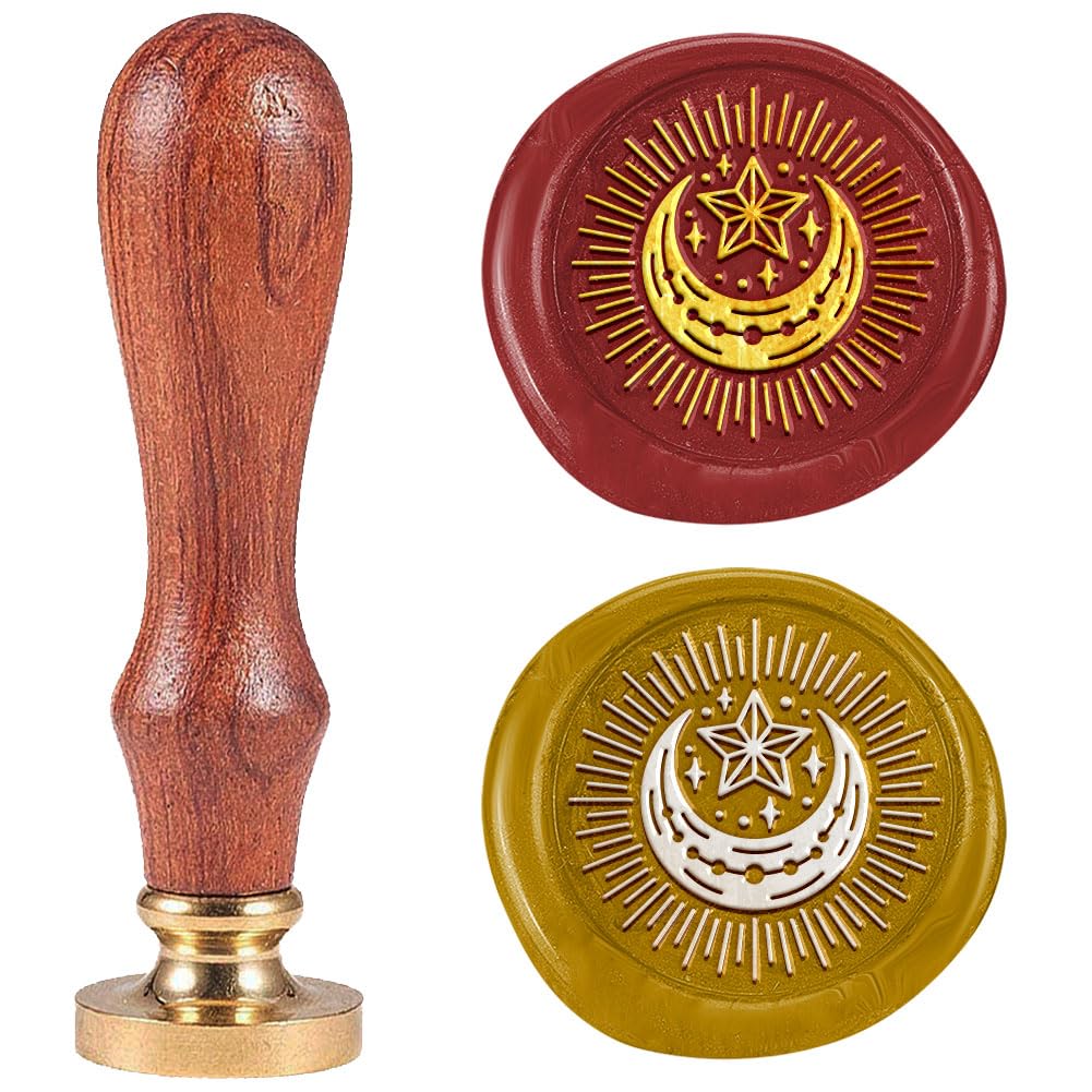 DELORIGIN 1" Wax Seal Stamp Star and Moon, Retro Sealing Stamps Removable Brass Head with Wooden Handle Novelty Seal Stamp Sealing Wax for Envelope Greeting Card Gift Letter Invitations Decoration