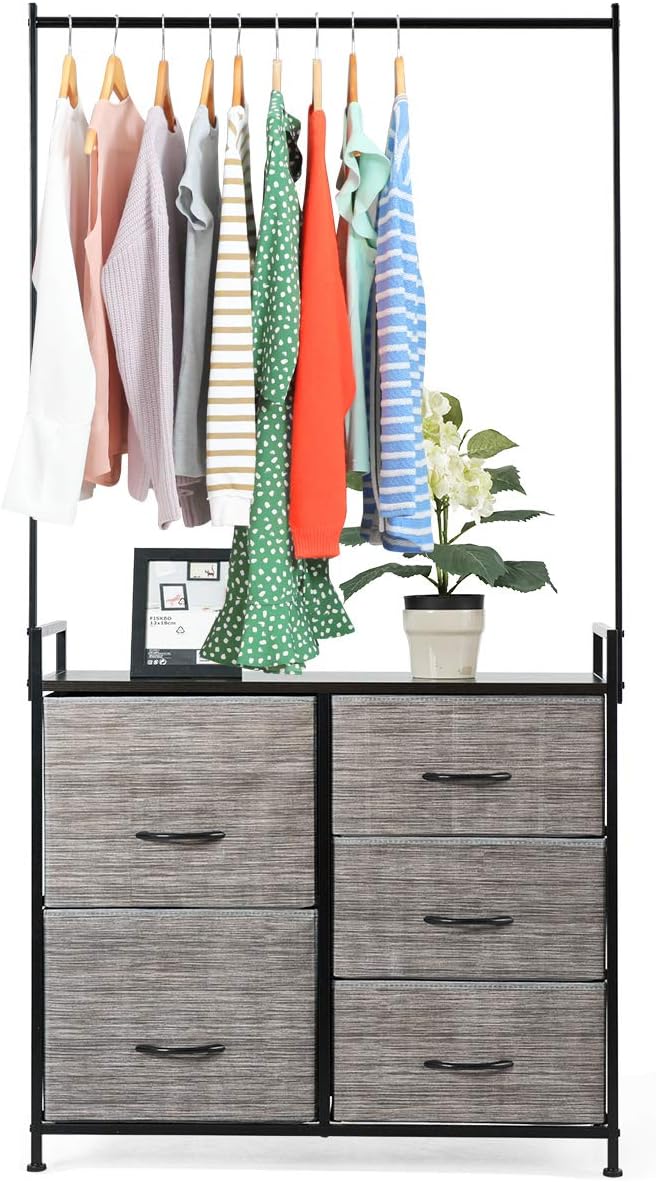 CASART. Clothes Hanging Rails with 5 Storage Drawers, Metal Frame Wardrobe Organiser with
