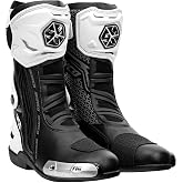 Scoyco CE Level 2 Racing Motorcycle Boots with TPU Shin Guard Ankle Support | Anti Slip Metal Toe Slider Microfiber Leather Ratchet Buckle Zipper Black White