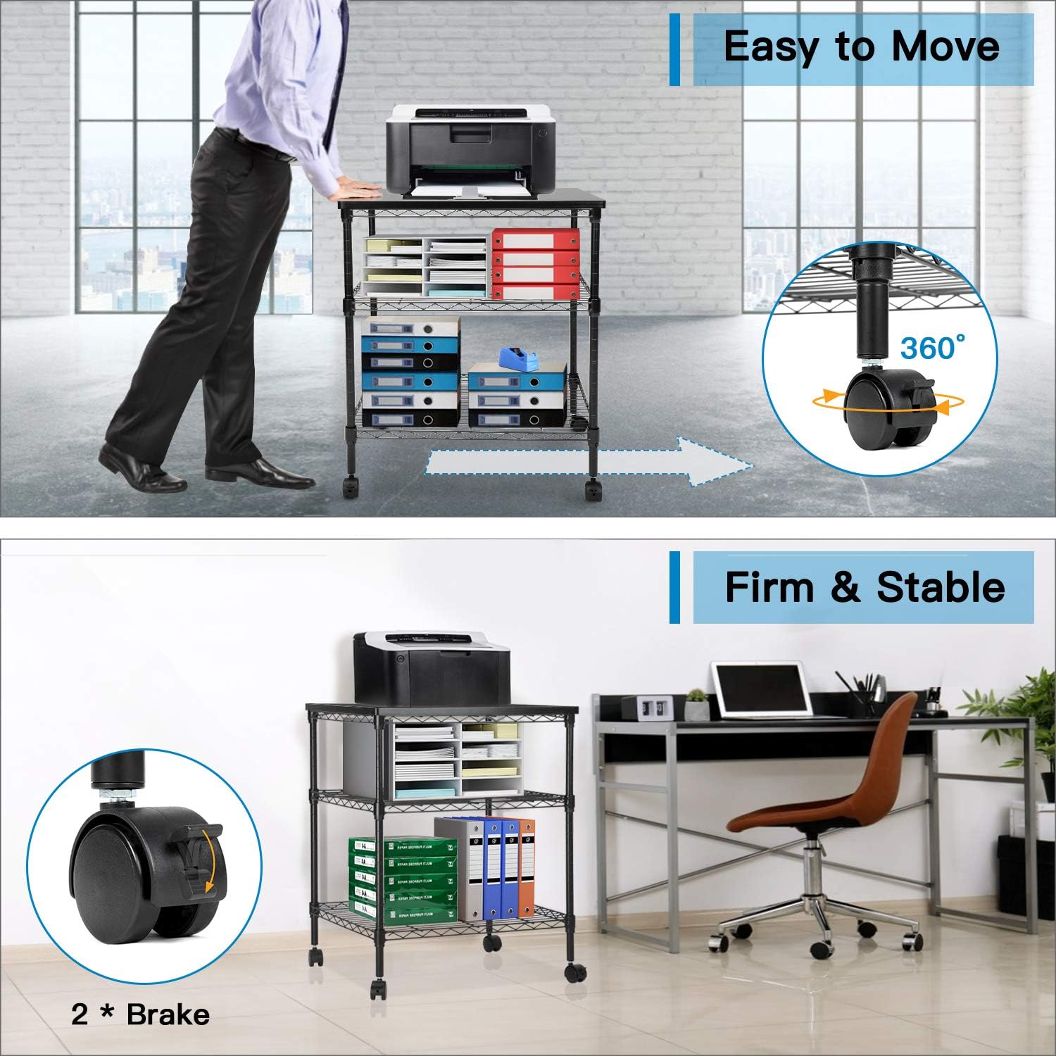 HUANUO Printer Stand - 3 Tier Printer Cart for Storage, Holds up to 200 lbs, Multifunctional Metal Utility Shelves, Workspace Desk Organizer, Rolling Cart for Home & Office Use: Electronics