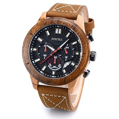 BEWELL W161A Herren Quarz Analoge Armbanduhr mit Zifferblatt aus Holz und Lederarmband, ausgestattet mit Chronograph und Kale