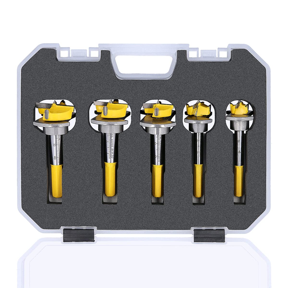 Forstner Bits TOUGH MASTER 5 Piece Carbide Tip, 15mm, 20mm, 25mm, 30mm, 35mm Diameter Plus 2 Hex Keys and Heavy Duty Case For Wood Working, DIY TCT Tool