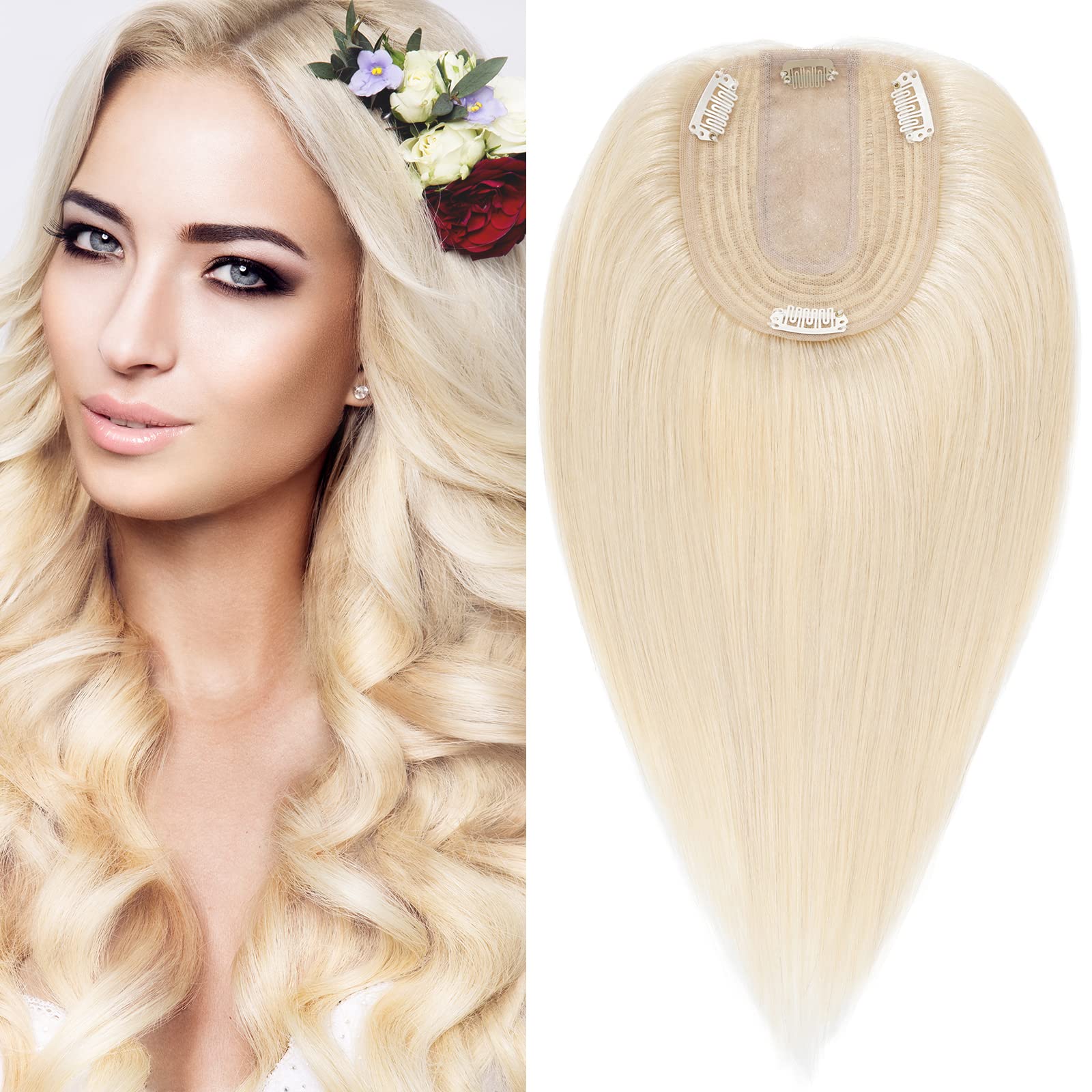 S-noilite 16 Inch 100% Human Hair Toppers Clip in Real Hair Topper for Thinning Hair Women uk Hair Piece Clip in Toupee 50g（#60 Platinum Blonde）