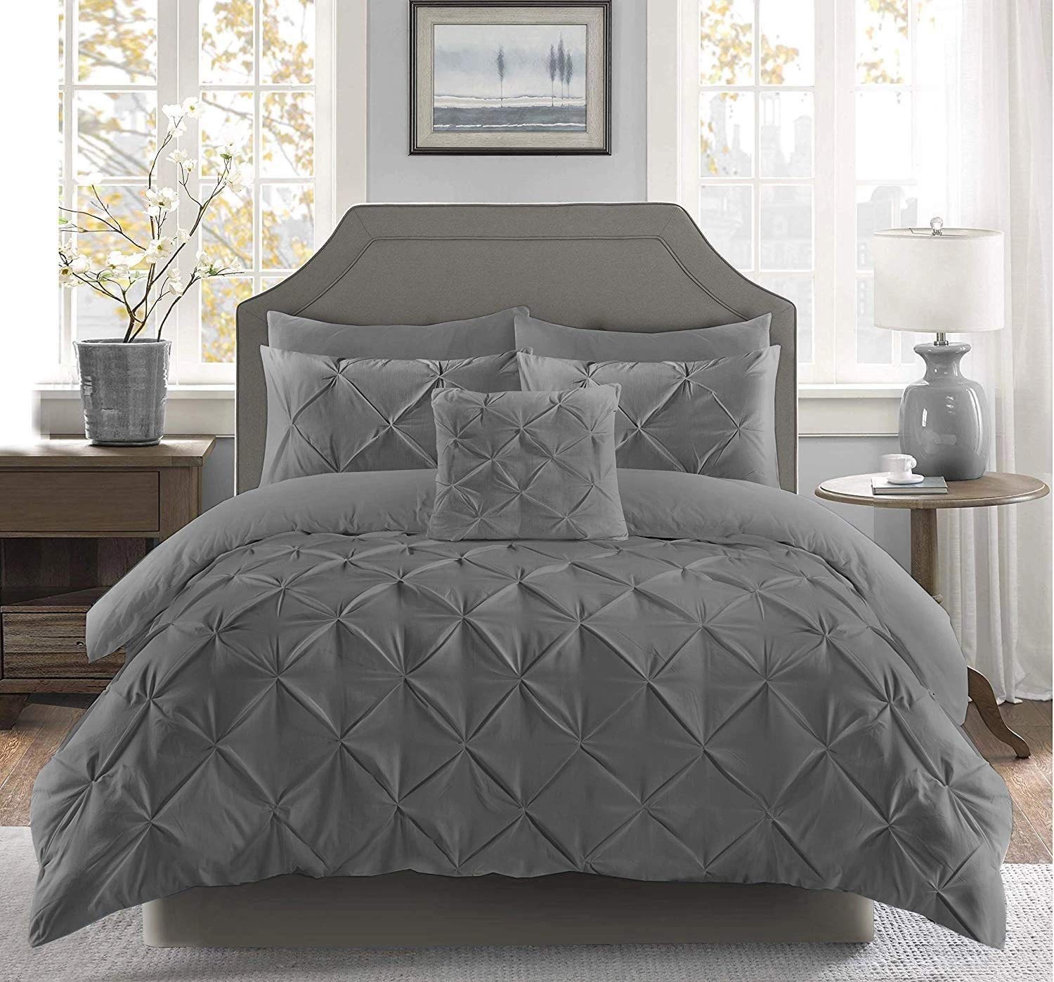 Kinfolk Textile Pintuck Duvet Cover with Pillowcases Bedding Bed Set (Charcoal Grey, King)