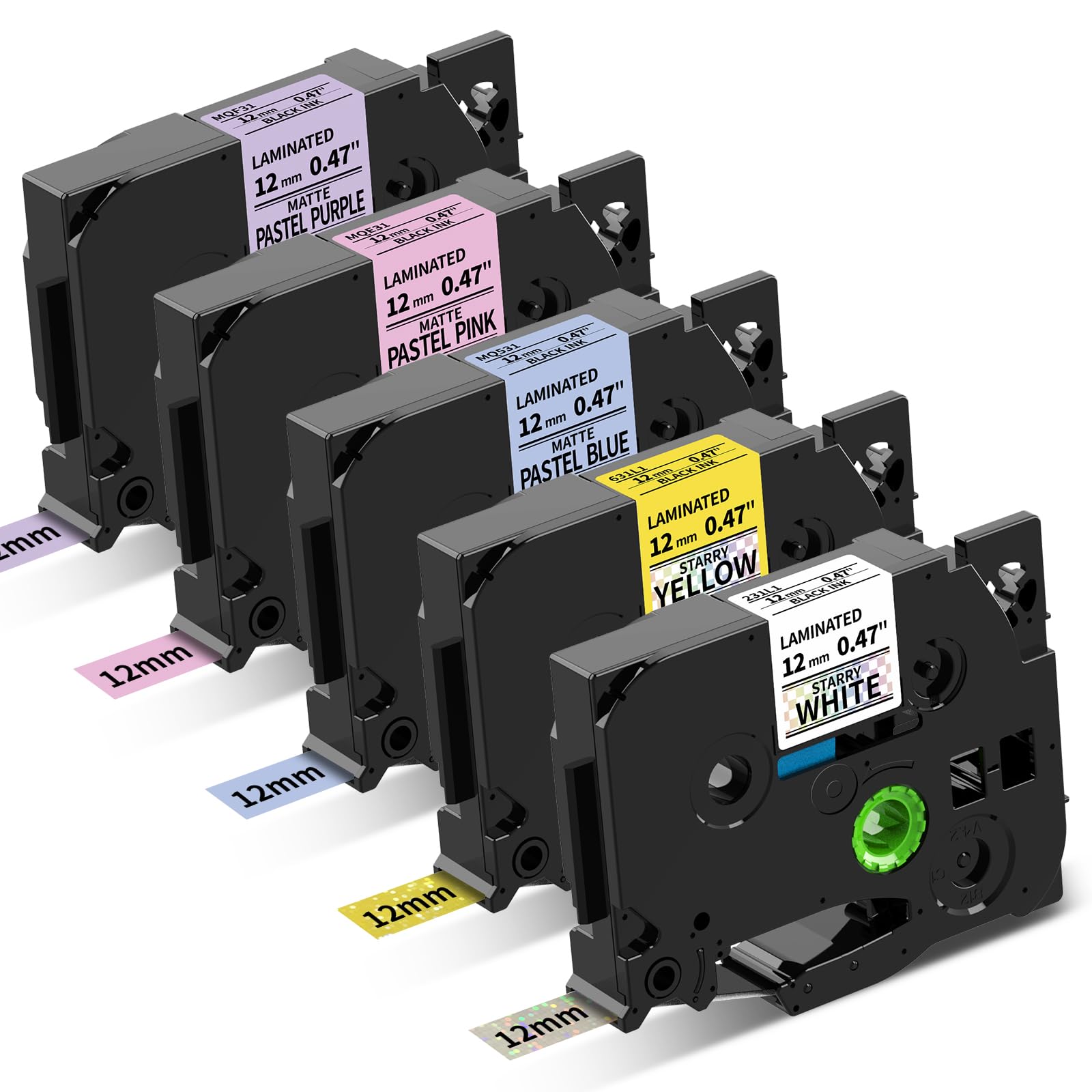 Aken Compatible with Brother Label Printer Tape P Touch TZe 12mm 0.47 Label Tape, Use for PT-1000 PT-H200 PT-H100R H110 D210 D400 Black on Glitter White/Yellow, Pastel Purple/Pink/Blue