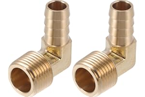 HEROFFIX Brass Hose Barb Fittings 1/2" 1/2" NPT 90 Degree Male Elbow Joint for Air Water Oil Gas Fuel 2 Pcs Gold Tone