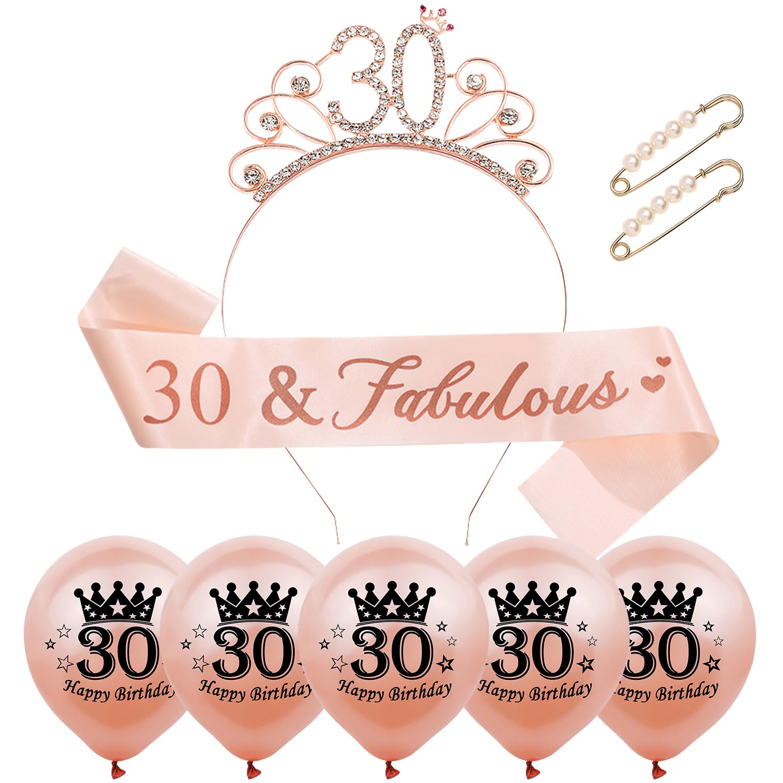 Yxelydriail 30th Birthday Sash and Tiara Rose Sash Rhinestone Crown 30th Birthday Decorations for Women (Rose Gold 30th)