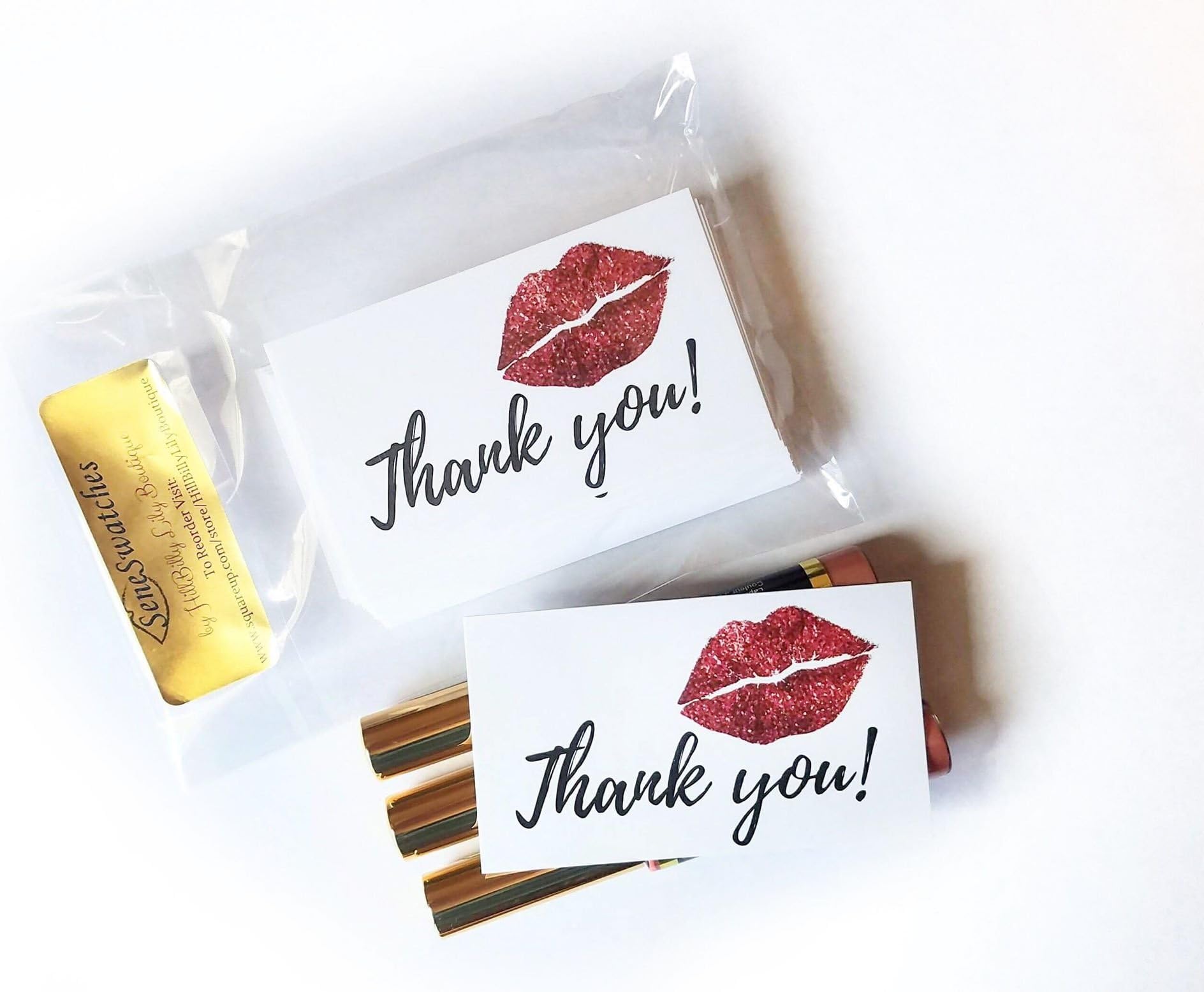 Thank You Cards Red Lip | Pack of 50 | Single Sided | 2 x 3.5" inches | MLM Multilevel Marketing Materials for Packages | LipSense by SeneGence, Avon, Younique, Mary Kay