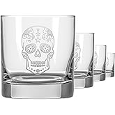 Rolf Glass Sugar Skull On the Rocks Glass | Set of 4 Etched 11oz Whiskey Glasses | Made in America | Mardi Gras Tumblers