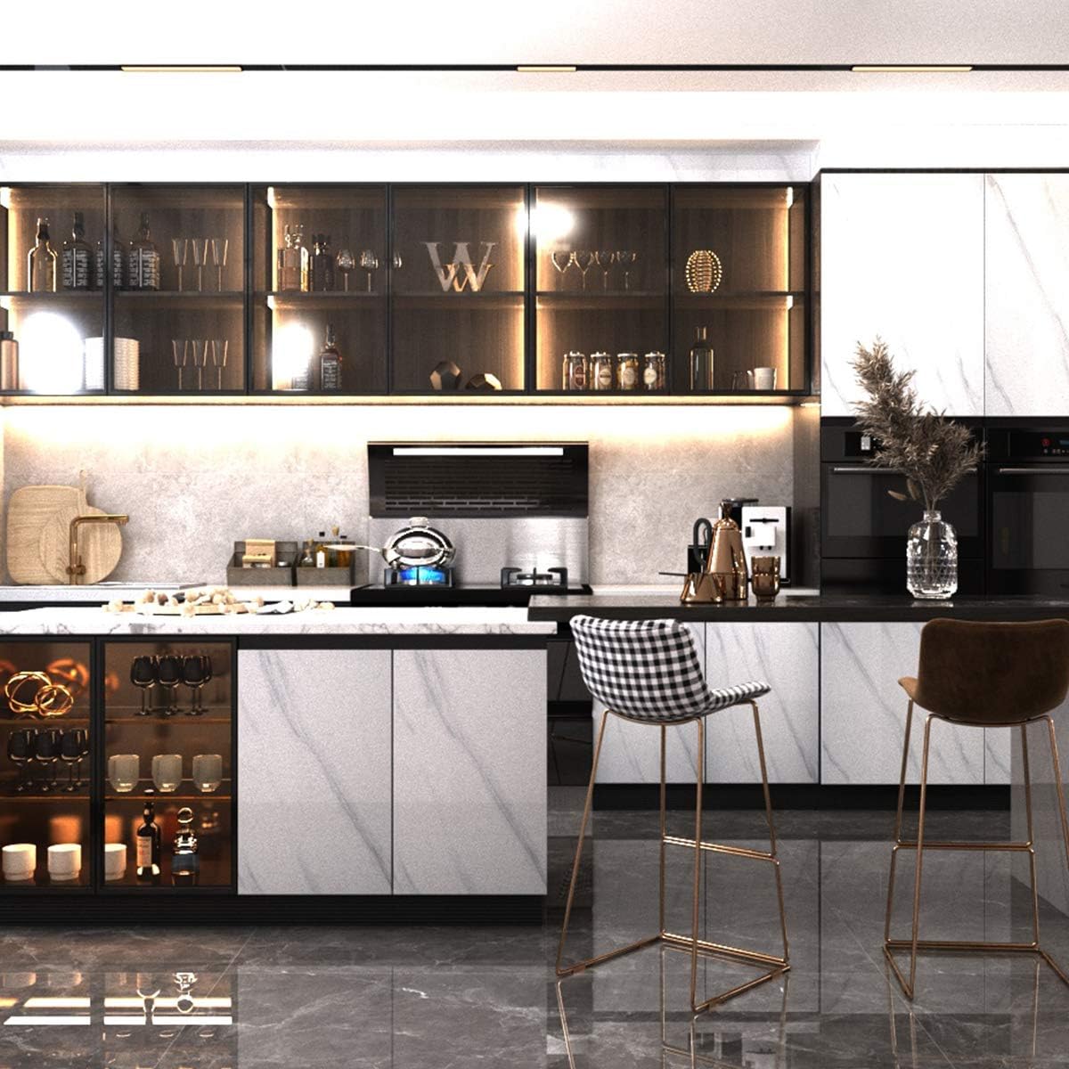 JSEVEM 40CM×3M Thick White and Grey Marble Wallpaper Peel Stick Waterproof White Gray Marble Contact Paper Vinyl Wrap Glossy Granite Furniture Tile DIY Sticker for Kitchen Cabinets Vanity Worktop - Image 4