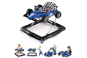 BABY JOY 4-in-1 Baby Walker, Foldable Activity Walker with Push Mode, Adjustable Height, Lights, Anti-Rollover, Baby Walker with Wheels for Boys Girls 6-18 Months (Blue)