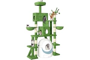 Homiflex Tall Cat Tree for Indoor Cats, 74" Multi-Level Cat Tower with Cat Condos, Plush Perches & Self-Cleaning Litter Box Base, Modern Cat Tree with Scratching Posts & Hammocks, Green