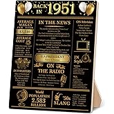 75th Birthday Party Decorations for Women Men, Black and Gold Back in 1951 Poster Wooden Sign, 75th Anniversary Birthday Table Decorations Party Favors