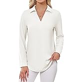 Women's Polo Shirts Collared V Neck Work Tops Long Sleeve Business Casual Dressy Blouses Textured Ribbed Tunic
