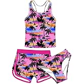 uideazone Girls 3 Piece Bathing Suit Summer UPF 50+ Racerback Swimsuit with Shorts Beach Tankini Sets 8-16 Years