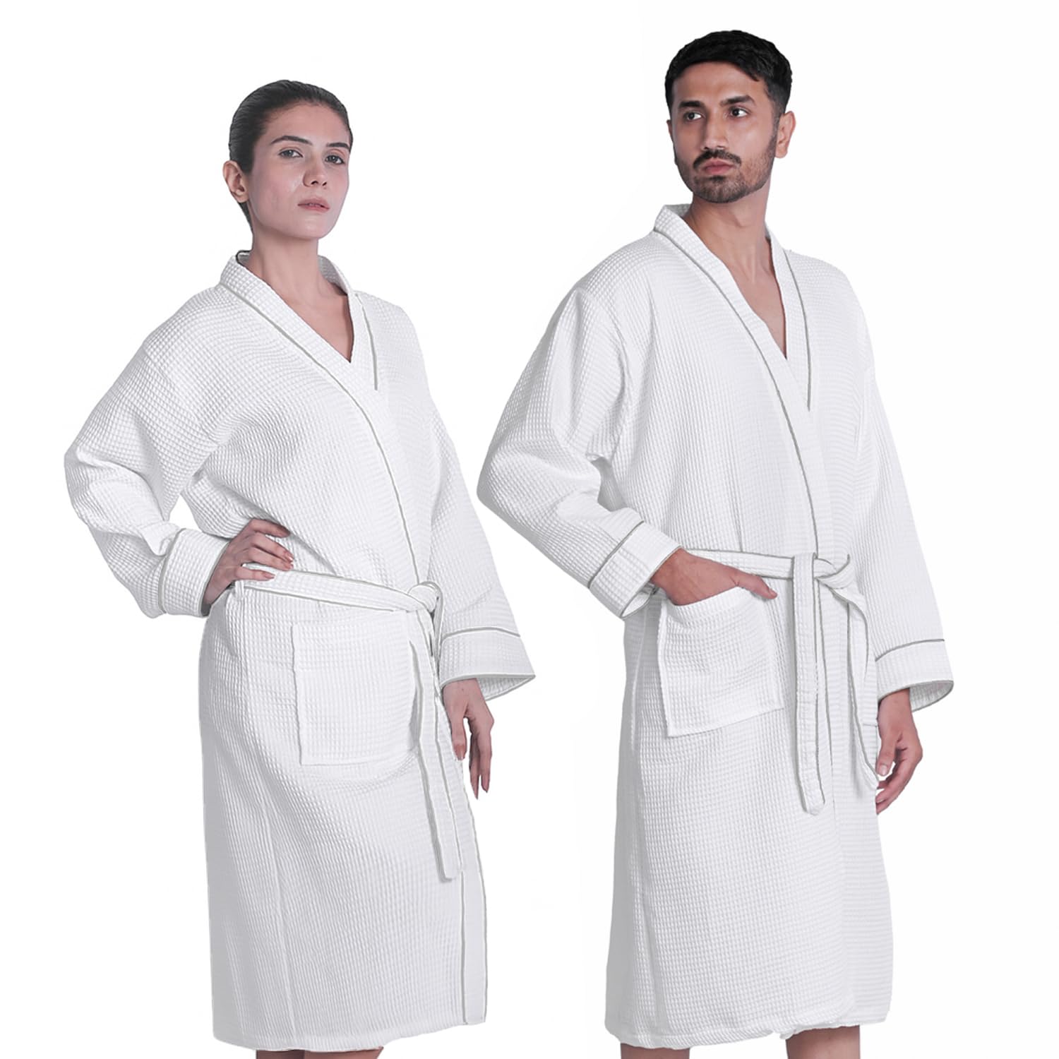 Photo 1 of Looperry Unisex White Waffle Bathrobe with Grey Satin Piping - Luxurious & Lightweight Shower Robe in Organic Cotton Poly Blend. Long Lasting & Soft, Perfect for Spa, Home, Hotels & more. (S/M)