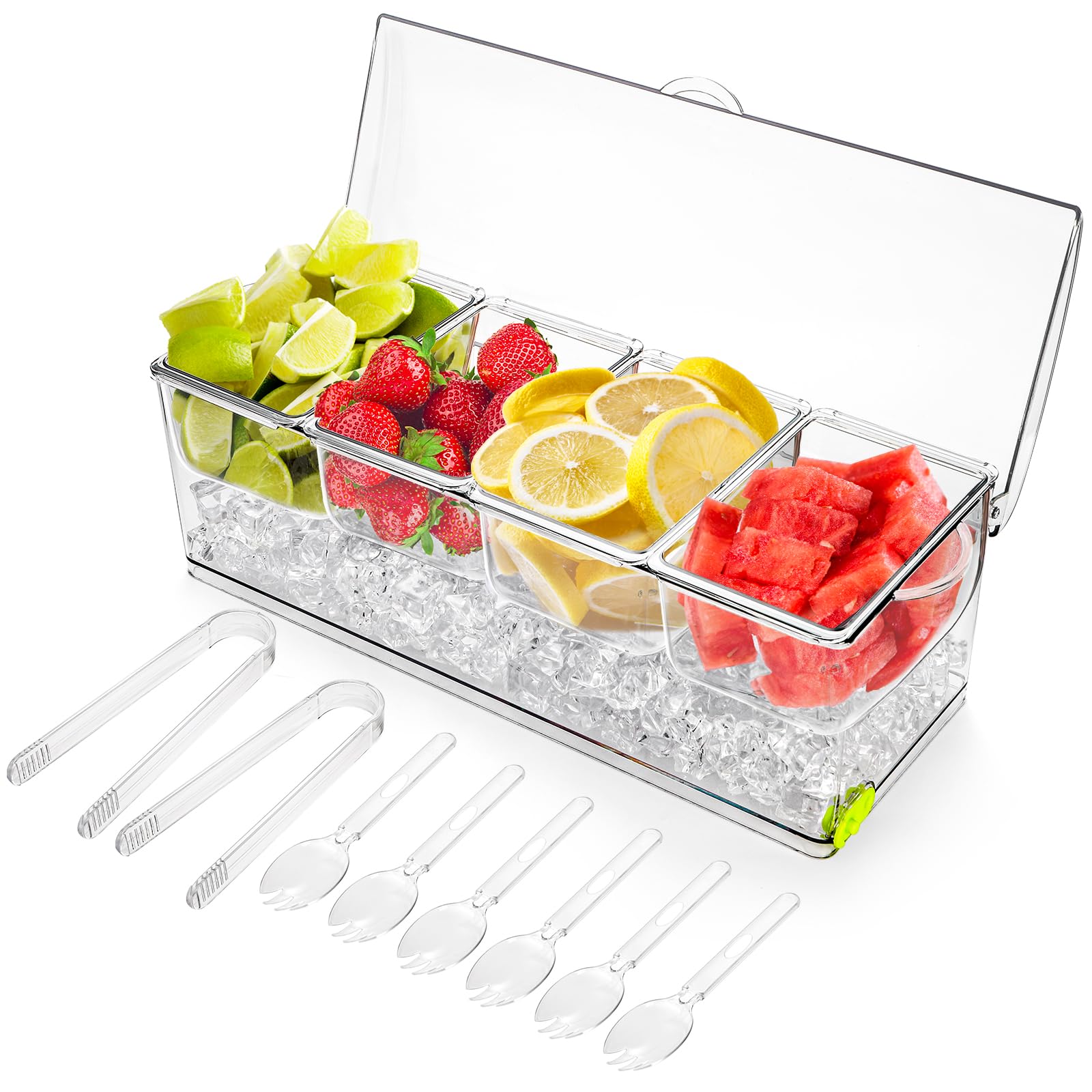 Jucoan Large Ice Chilled Condiment Server with Lid, 4 Compartments Ice Cooled Condiment Caddy, Bar Garnish Serving Platter Holder Tray for Salad Bar, 2 Tongs, 6 Forks