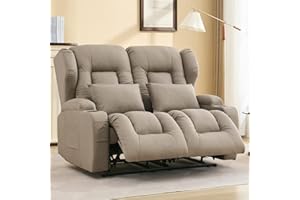 IPKIG 54.2" RV Loveseat Recliner, Faux Leather Double Reclining RV Sofa with Side Pockets and Cup Holder, RV Home Theater Seating, Manual Recliner Chair (Khaki)