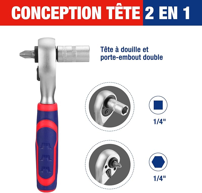 Coffret de Douilles et Embouts 34 Pièces, Mini Clés à Cliquet 1/4" Double Tête 2-en-1, Tournevis à Embouts Magnétique, 2 Rallonges et Joint Universel, Outils de Réparation pour Vélos Voitures