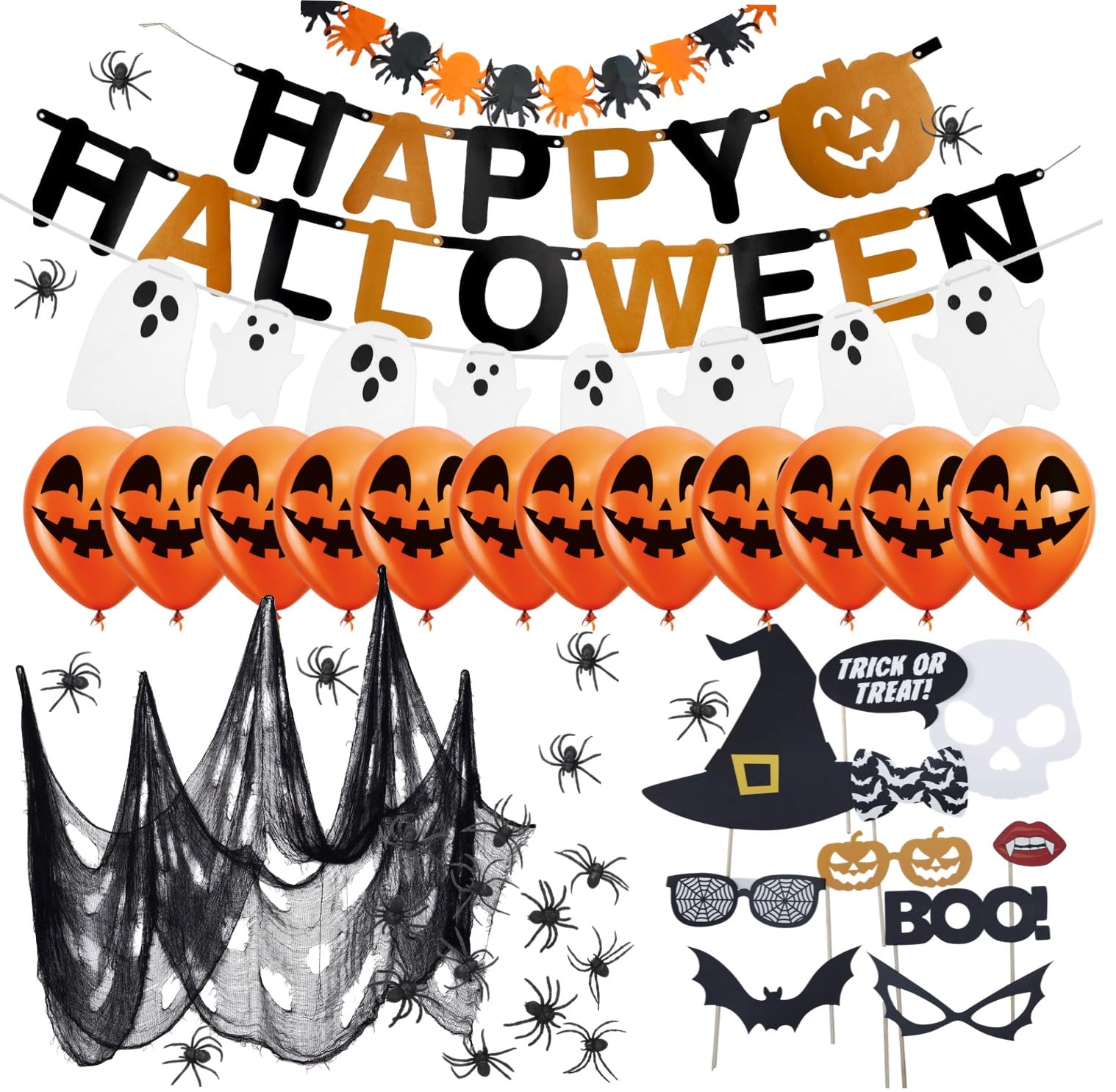 Halloween decoration deco indoor outdoor set with over 30 parts garland, pennant chain, balloon, spider web with spiders, ghosts for decoration of house, table & garden of TK group