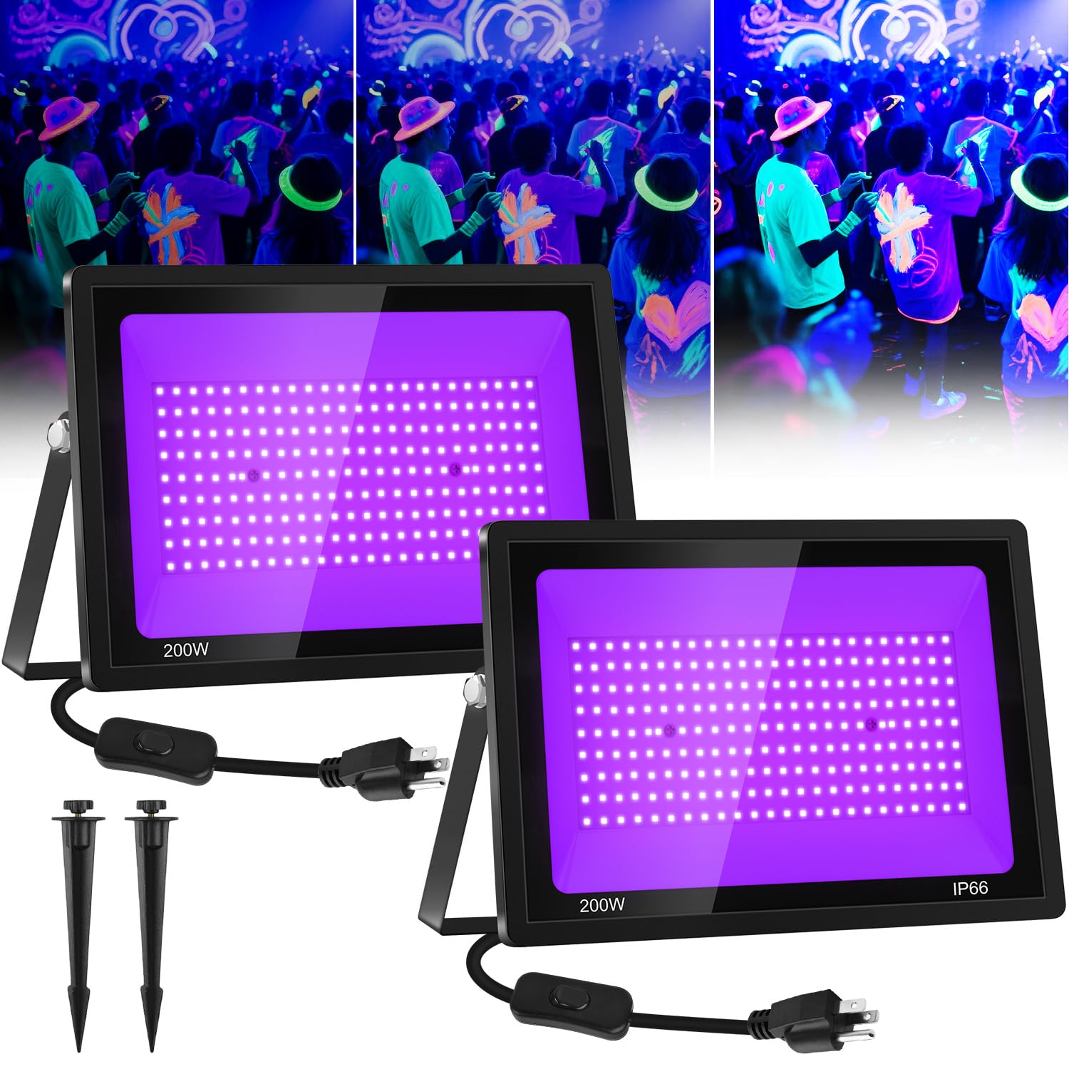 Photo 1 of T-SUN 200W Black Lights Outdoor, 3 Brightness Modes Black Light Flood Light with Plug, Halloween Blacklight, IP66 Waterproof LED Flood Light for Glow Party Body Paint Fluorescent Poster Stage