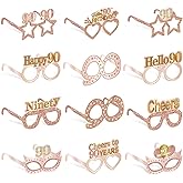 Guiruiy 24PCS 90th Birthday Paper Eyeglasses Decorations for Women, Pink Rose Gold Happy 90th Birthday Eyeglasses Party Supplies, Funny Ninety Year Old Birthday Glasses Photo Props Decor