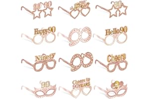 Guiruiy 24PCS 90th Birthday Paper Eyeglasses Decorations for Women, Pink Rose Gold Happy 90th Birthday Eyeglasses Party Supplies, Funny Ninety Year Old Birthday Glasses Photo Props Decor