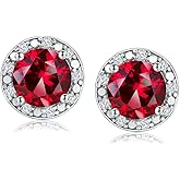 DAYBYDAY Birthstone Earrings for Women 925 Sterling Silver Halo Stud Earrings, Small Round/Cushion/Heart Gemstone Earrings Birthstone Jewelry