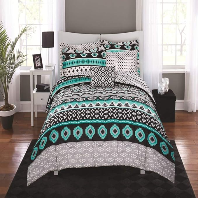 N2 8 Piece Grey Bright Teal Aztec Comforter Set Full Sized, Black Gray White Tones